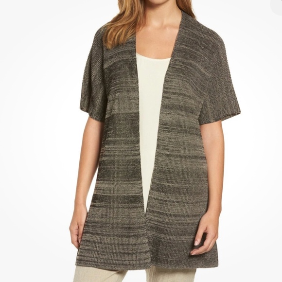 Eileen Fisher Sleek Tencel Knit Kimono Cardigan Sweater Black/Natural Size L/XL - Picture 1 of 14